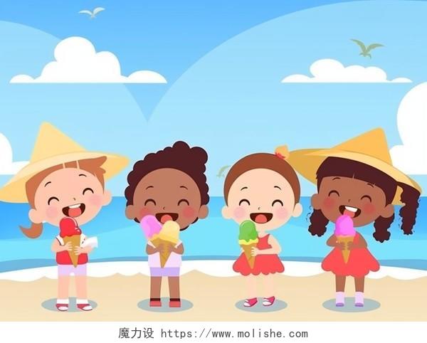 夏日夏季孩子在沙滩开心的吃冰激凌甜筒的卡通风格插画